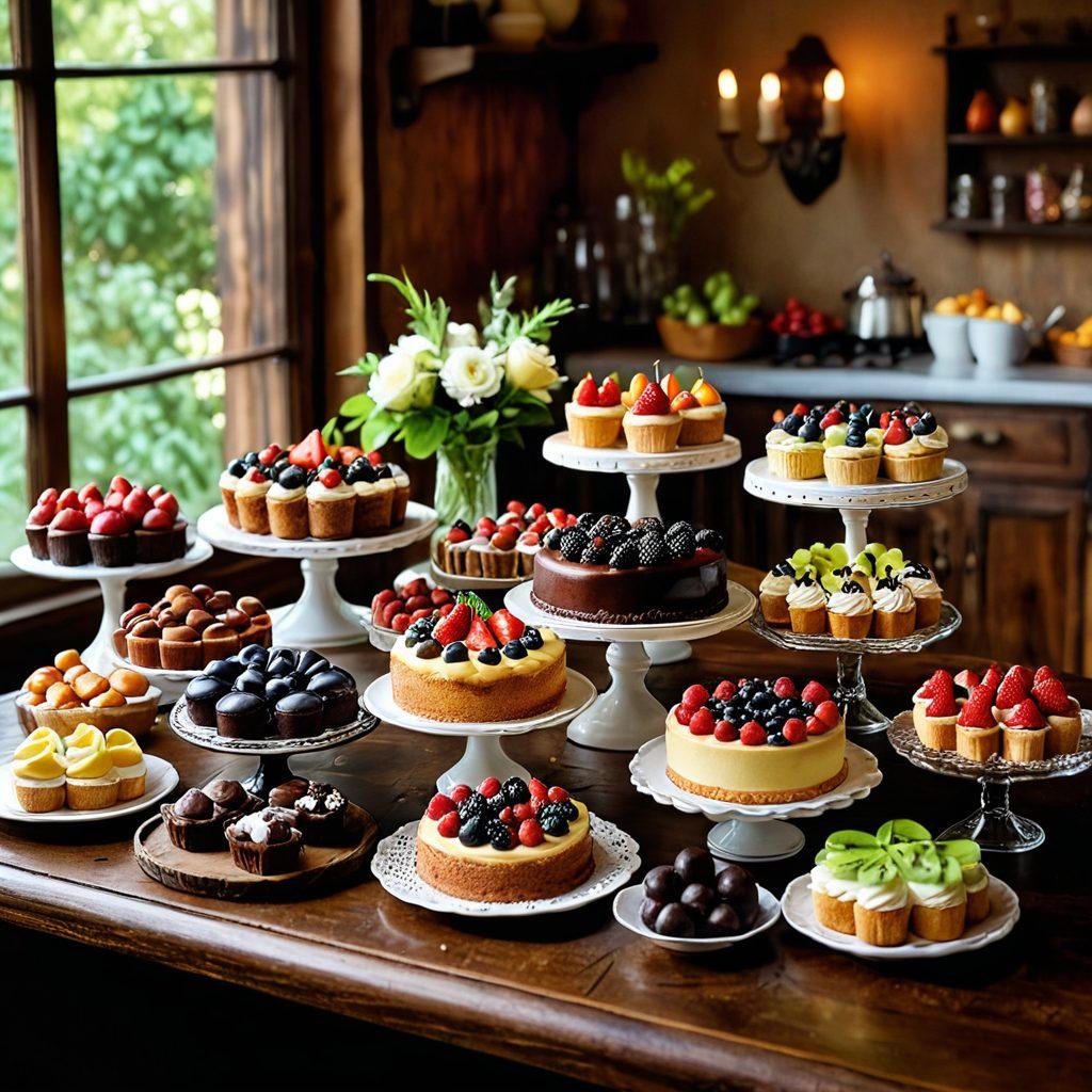 A beautifully arranged display of various delectable desserts, including cakes, pastries, and tarts, set on an elegant wooden table. Each dessert showcases unique textures and vibrant colors, with fruits and chocolate garnishes. Soft, warm lighting highlights the sweet details, evoking a cozy, inviting atmosphere. In the background, a charming kitchen scene hints at the art of dessert-making. whimsical illustration. vibrant colors. soft focus.